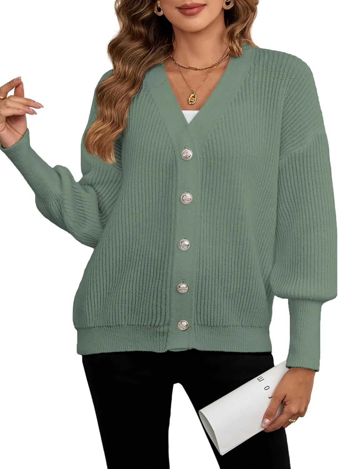 Women's Oversized V Neck Button Cardigan Fall 2024 Ladies Dressy Casual Chunky Ribbed Knit Sweater Cardigans