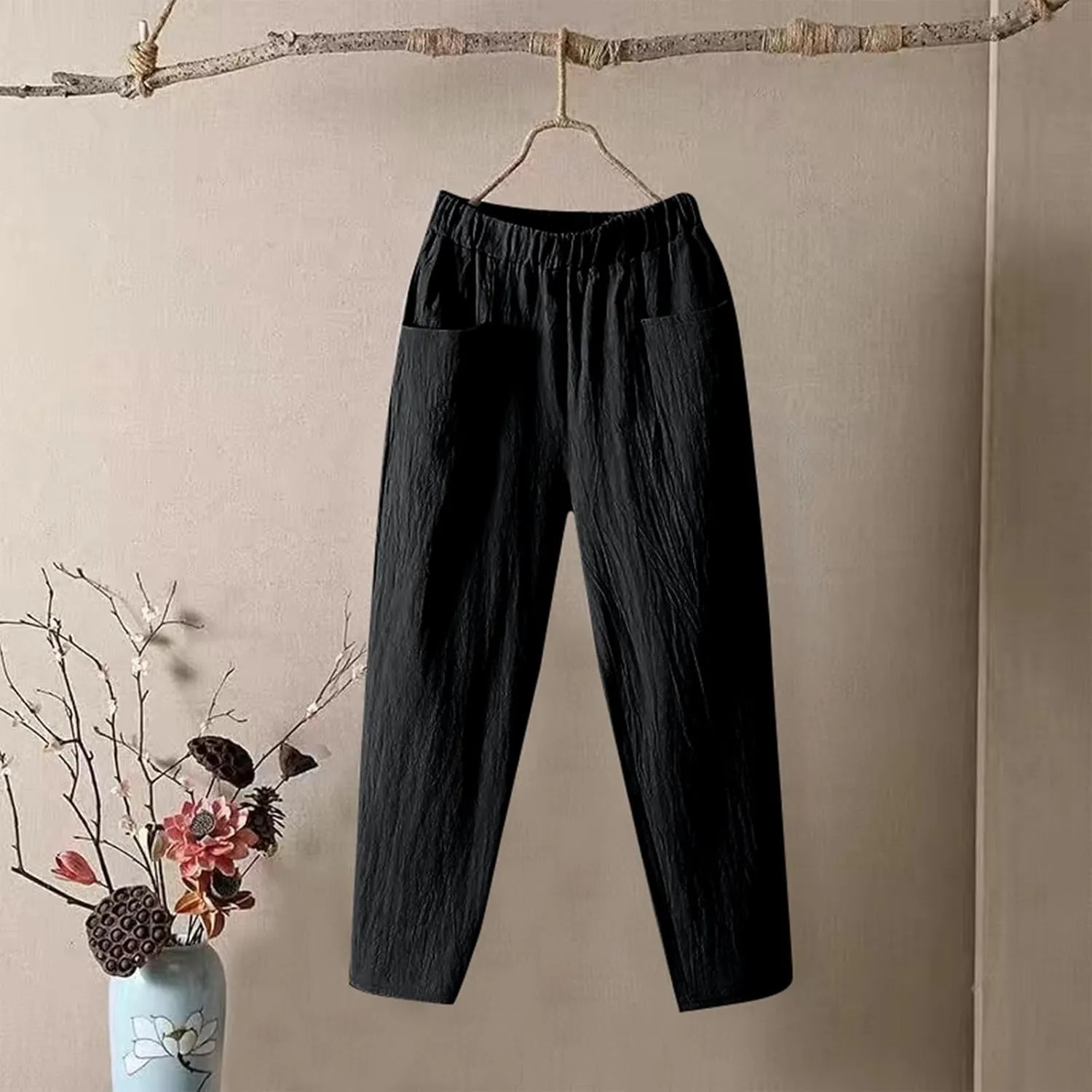 Women's Pants, Casual Pants Peasant Straight Leg Linen Trendy Women Causal Plaid