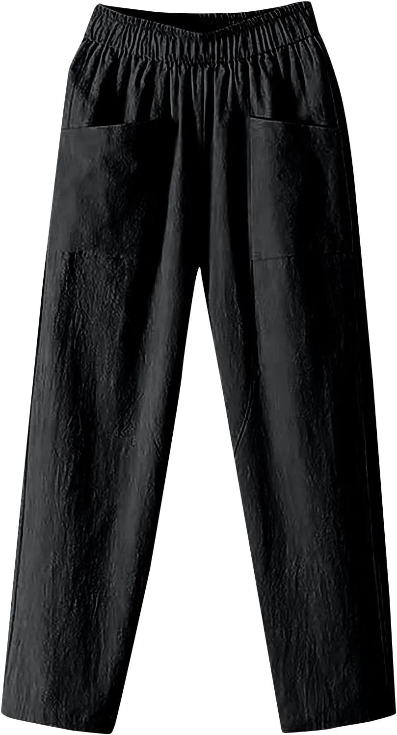 Women's Pants, Casual Pants Peasant Straight Leg Linen Trendy Women Causal Plaid