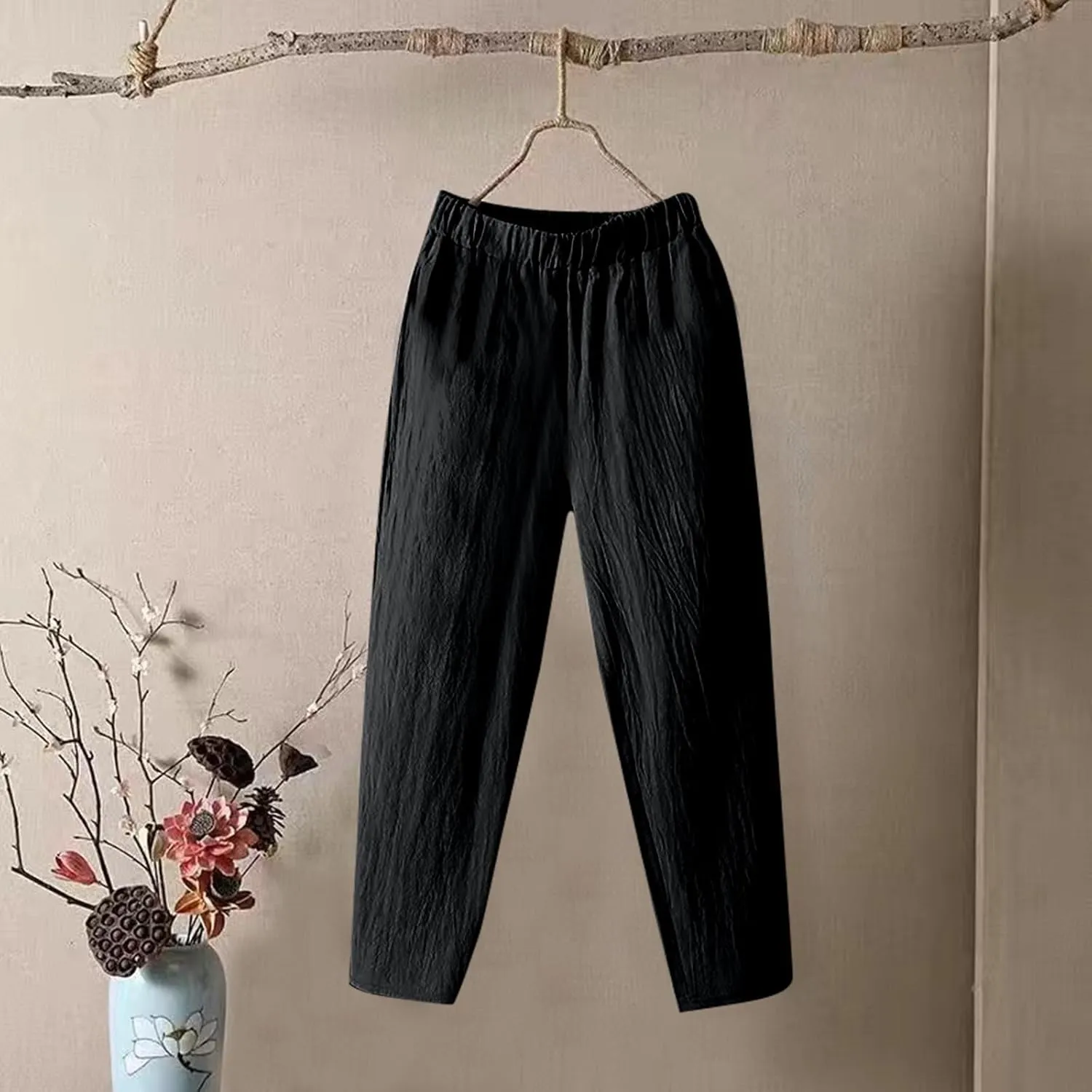 Women's Pants, Casual Pants Peasant Straight Leg Linen Trendy Women Causal Plaid