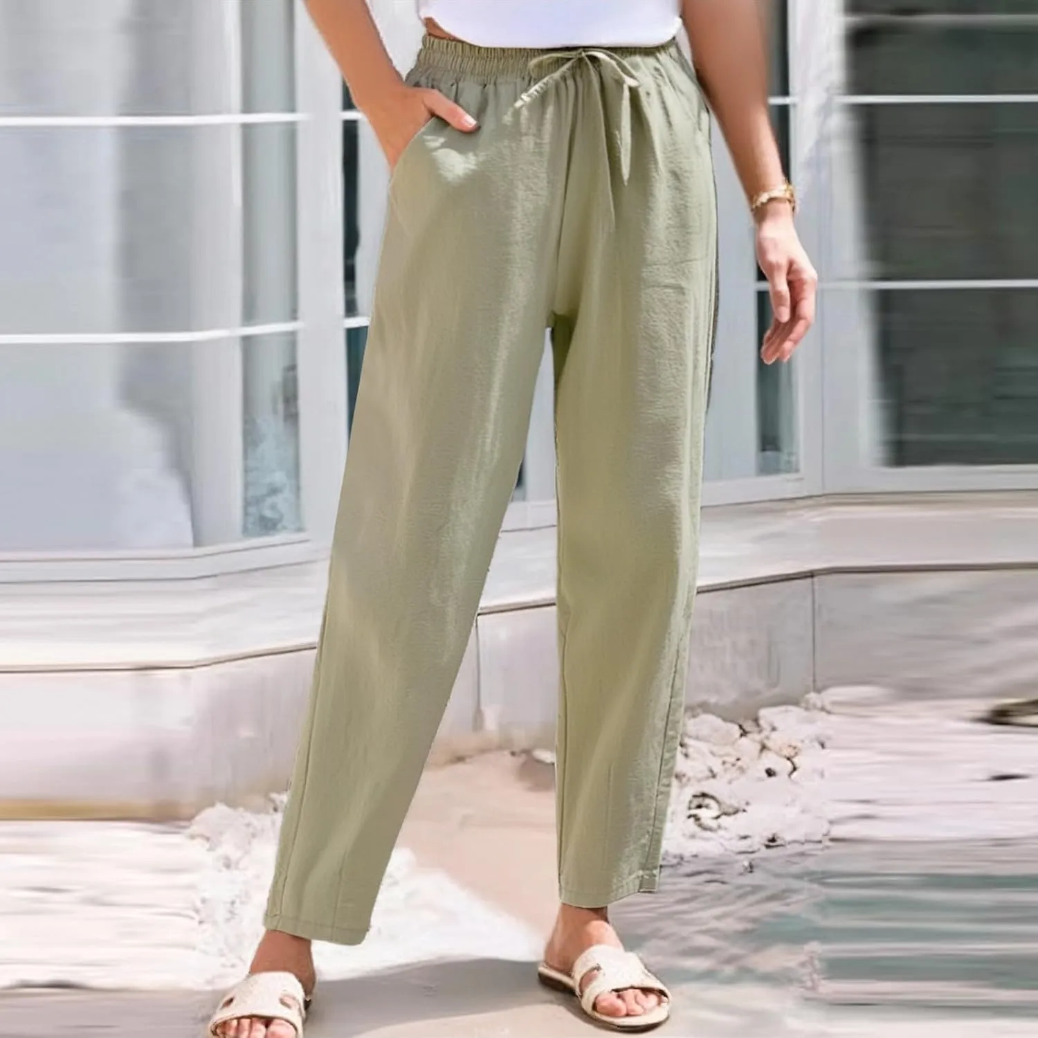 Women's Pants, Linen Casual Pants Straight Leg Peasant Women Trendy Teacher Wide