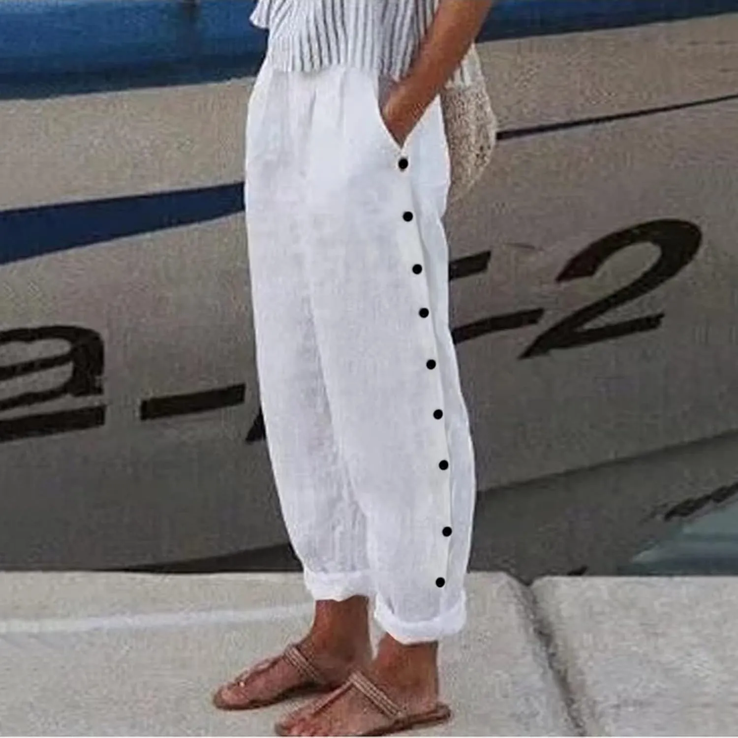 Women's Pants, Linen Plaid Peasant Pants Casual Straight Leg Wide Women Trendy