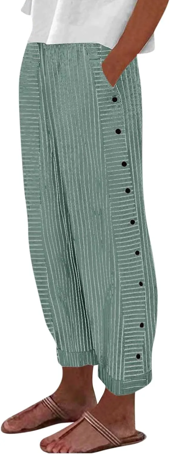 Women's Pants, Linen Plaid Peasant Pants Casual Straight Leg Wide Women Trendy