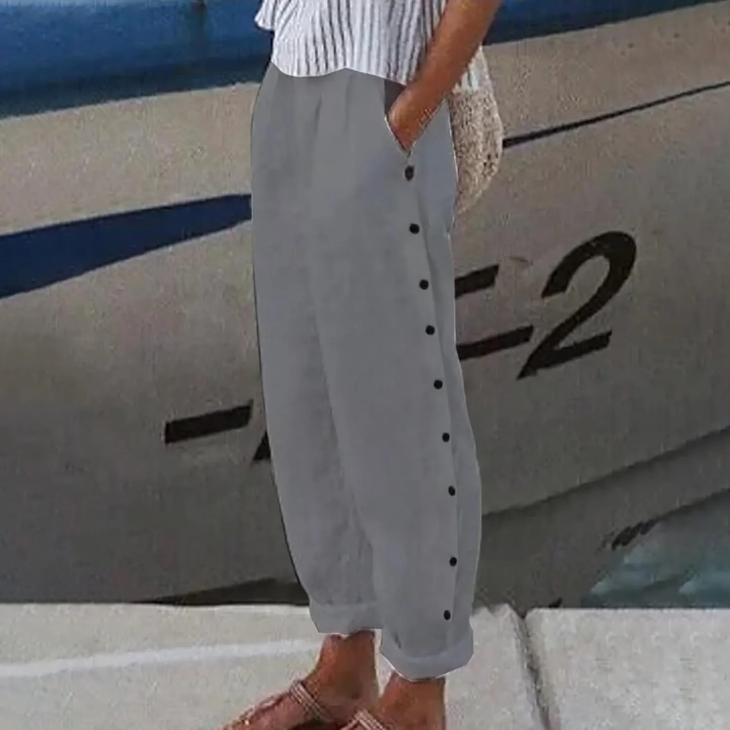 Womens Pants, Linen Straight Leg Casual Pants Peasant Drawstring Solid Color Trendy