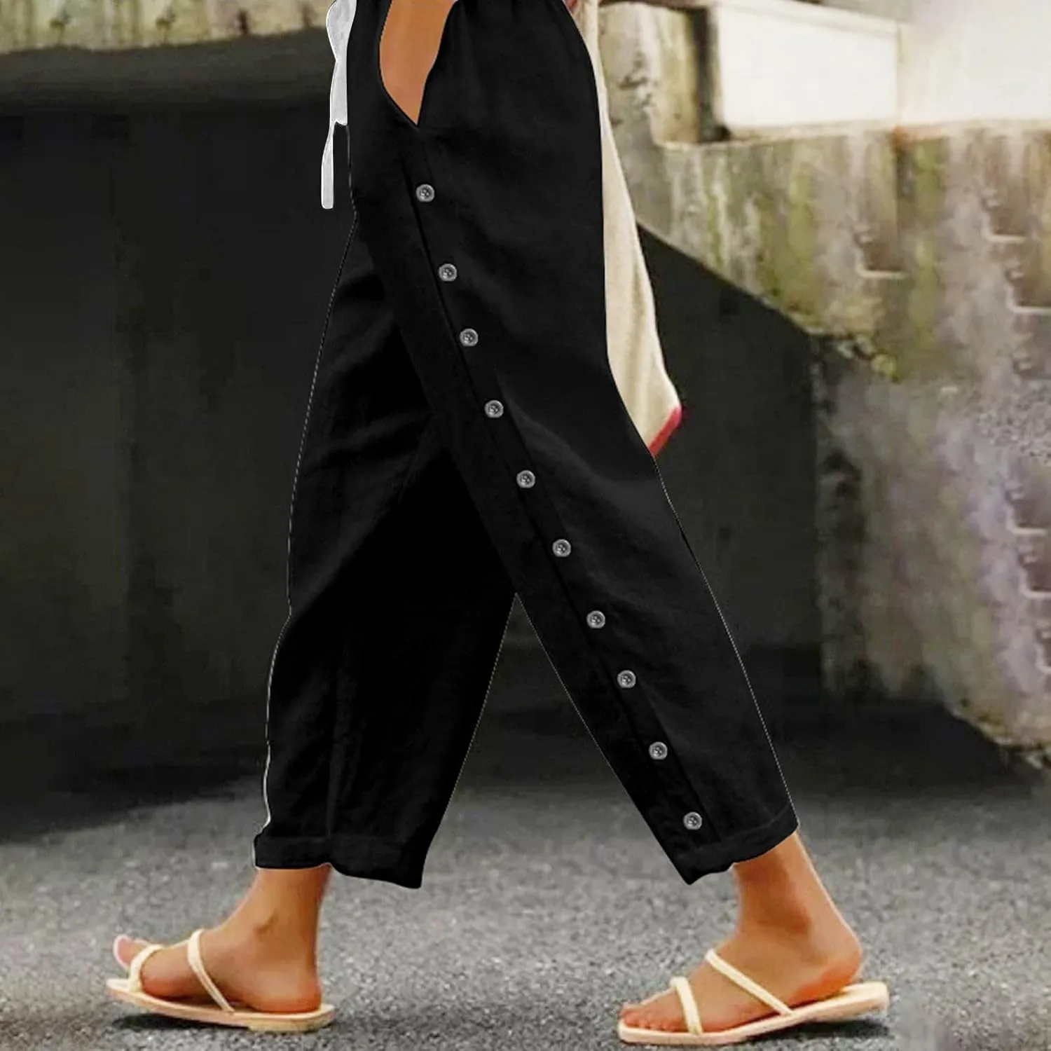 Women's Pants, Linen Striped Side Peasant Pants Straight Leg Casual Wide Trendy