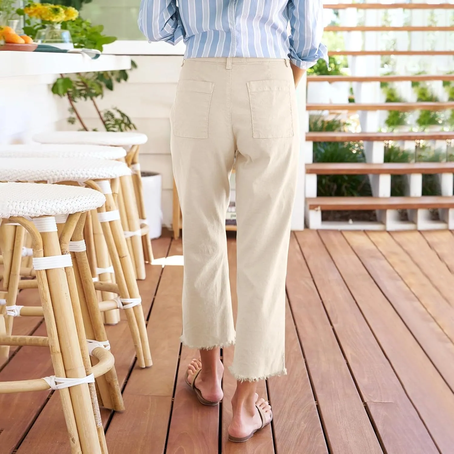 Women's Pants, Trendy Casual Linen Straight Leg Peasant Pants 2025 Flwoy Stretchy