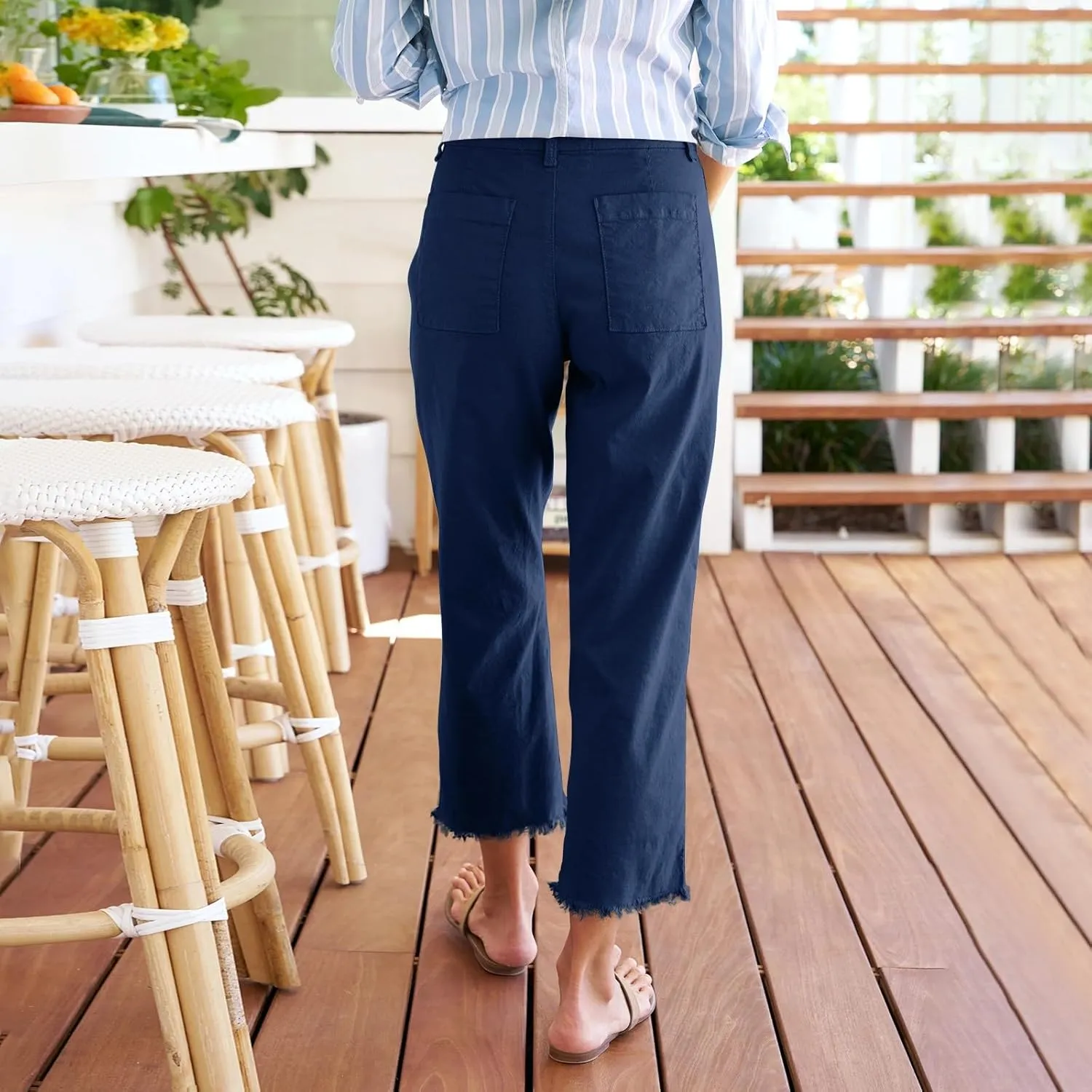 Women's Pants, Trendy Casual Linen Straight Leg Peasant Pants 2025 Flwoy Stretchy