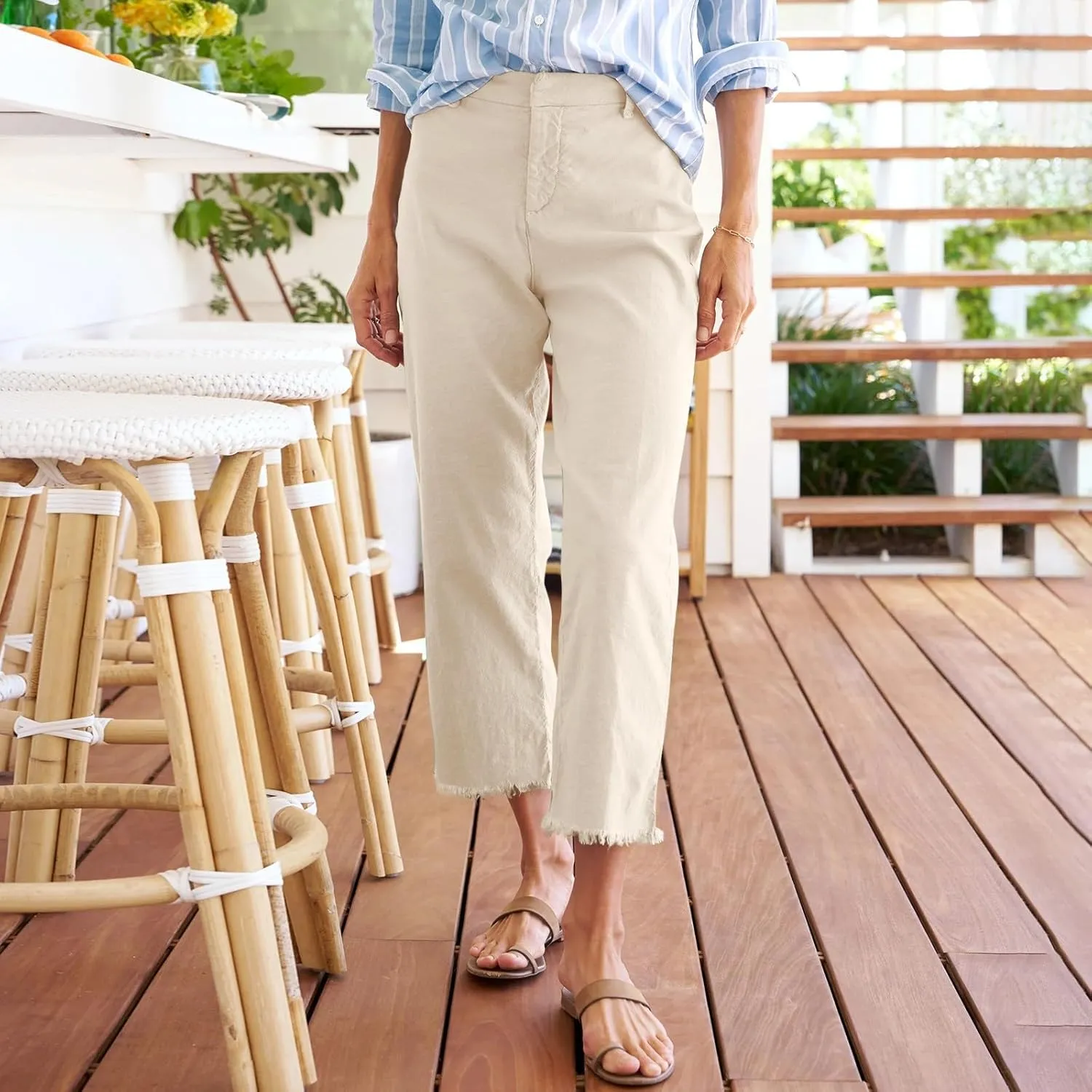 Women's Pants, Trendy Casual Linen Straight Leg Peasant Pants 2025 Flwoy Stretchy