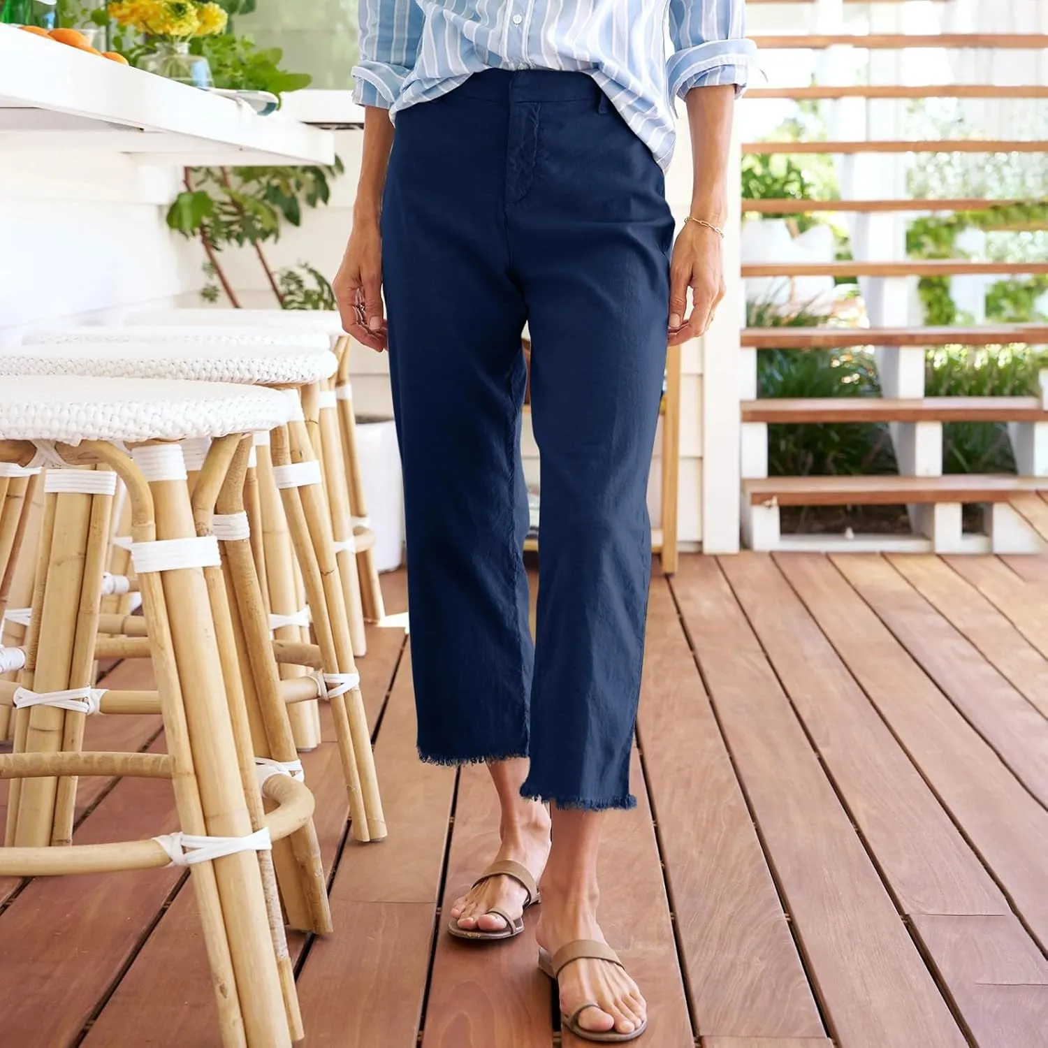 Women's Pants, Trendy Casual Linen Straight Leg Peasant Pants 2025 Flwoy Stretchy