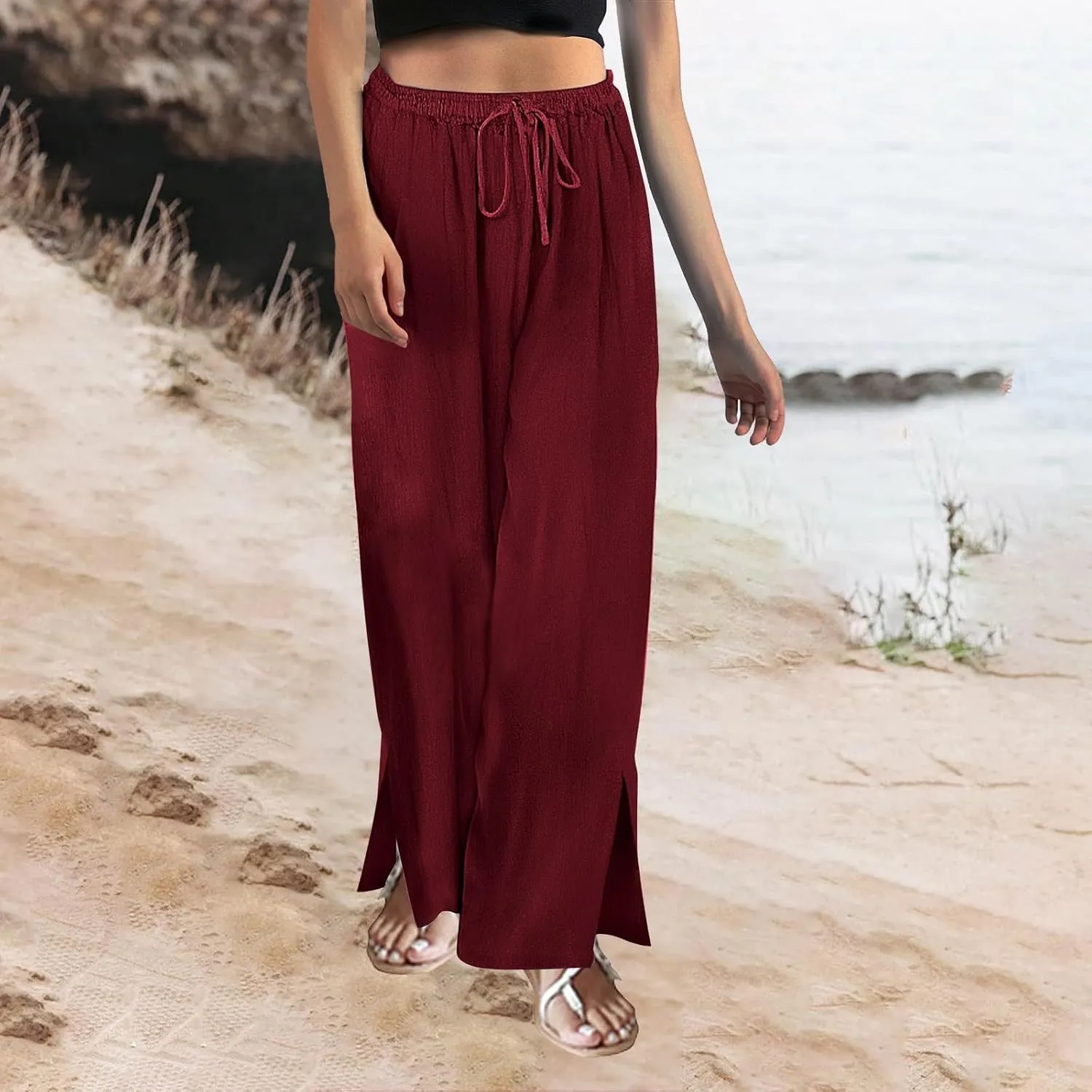 Womens Plaid Pants Casual Drawstring Pants Casua Lightweight Loose Trousers Linen Capris for Women Lightweight