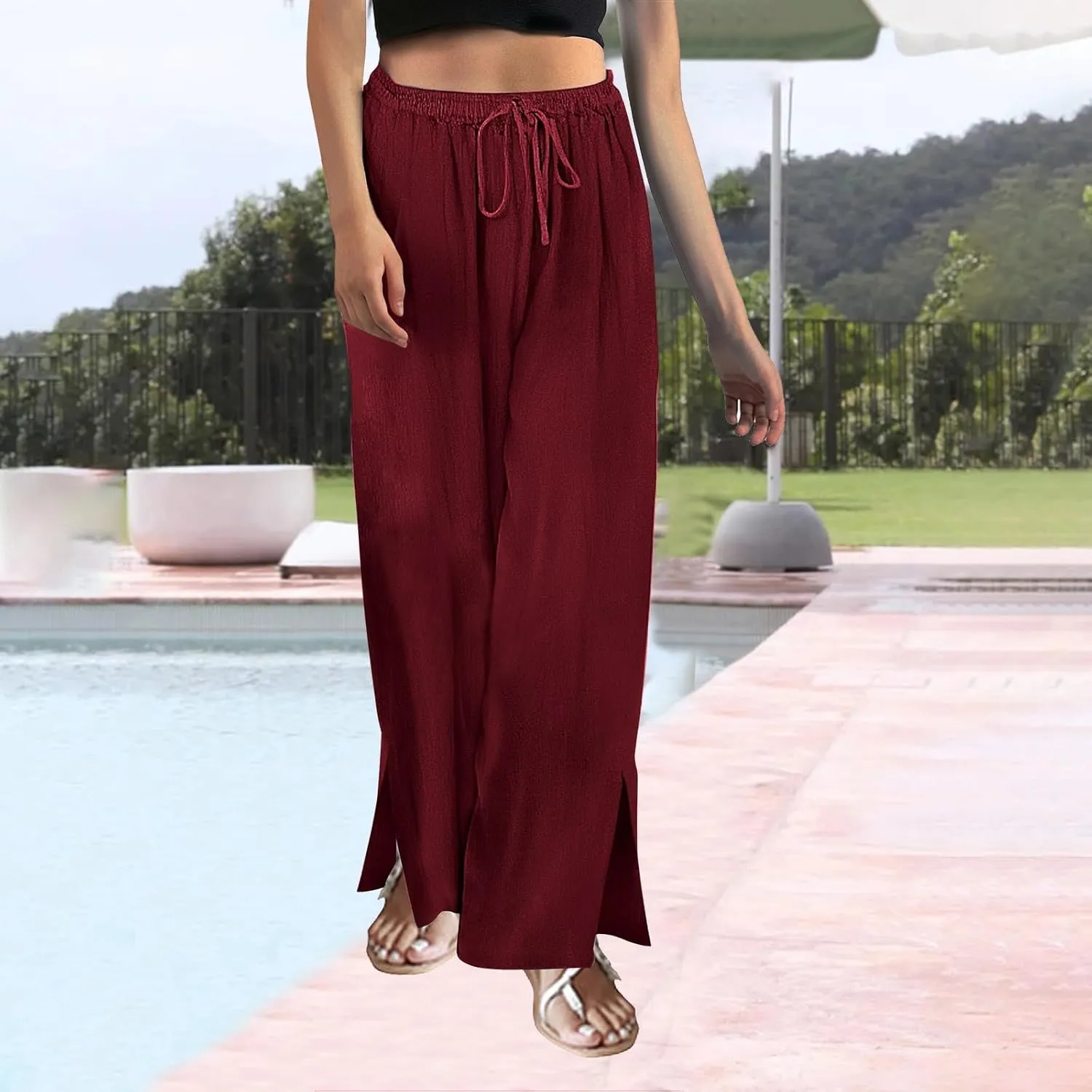 Womens Plaid Pants Casual Drawstring Pants Casua Lightweight Loose Trousers Linen Capris for Women Lightweight