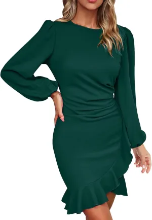 Womens Sexy Fall Short Dresses Puff Long Sleeve Ruffle Hem mini Dresses Casual Cozy Slim fit wrap Bodycon Dresses