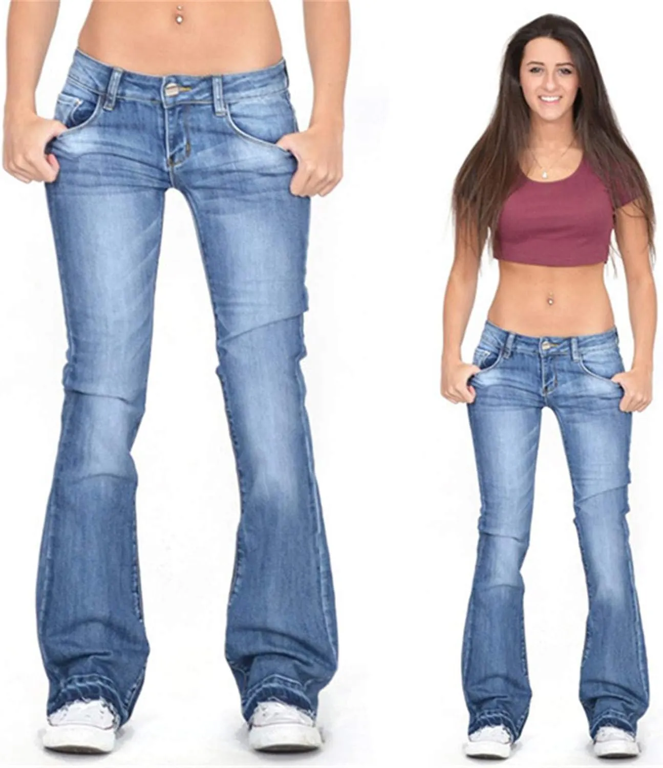 Women's Skinny Girlfriend Jeans Stretchy Bell Bottom Bootcut Denim Pant Sexy Slimming Mid Waisted Flare Bottom Jeans