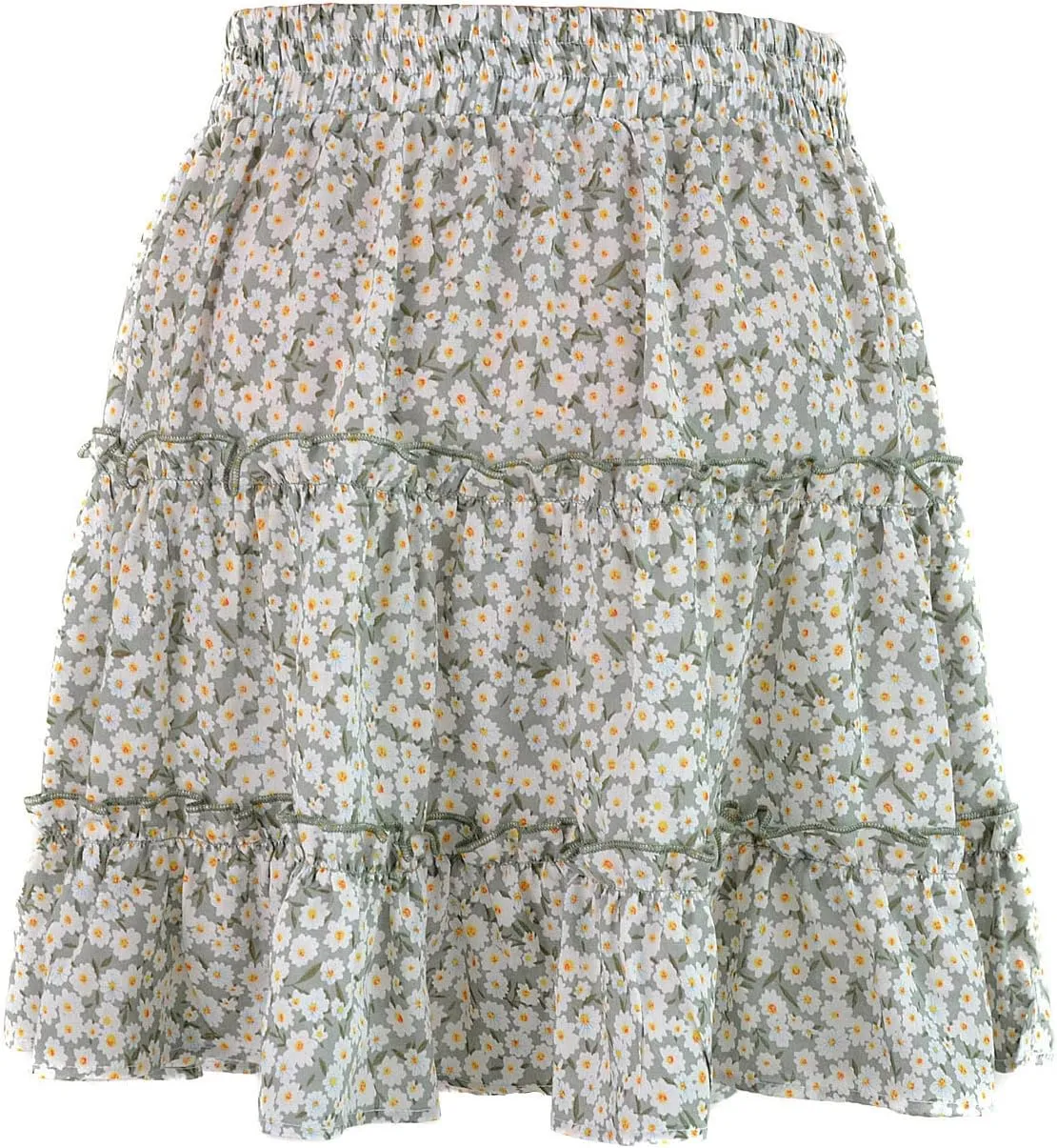 Women's Skirts for Summer 2025 Trendy Ruffle Hem Drawstring High Elastic Waist Boha Floral Print Pleated Beach Skirts