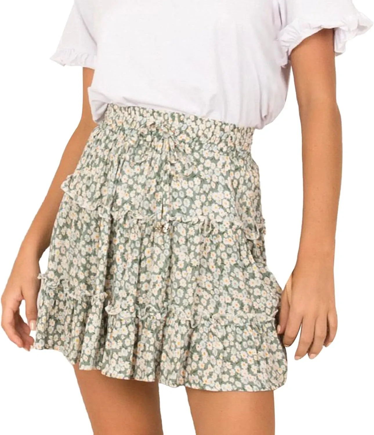 Women's Skirts for Summer 2025 Trendy Ruffle Hem Drawstring High Elastic Waist Boha Floral Print Pleated Beach Skirts
