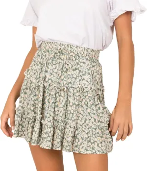 Women's Skirts for Summer 2025 Trendy Ruffle Hem Drawstring High Elastic Waist Boha Floral Print Pleated Beach Skirts