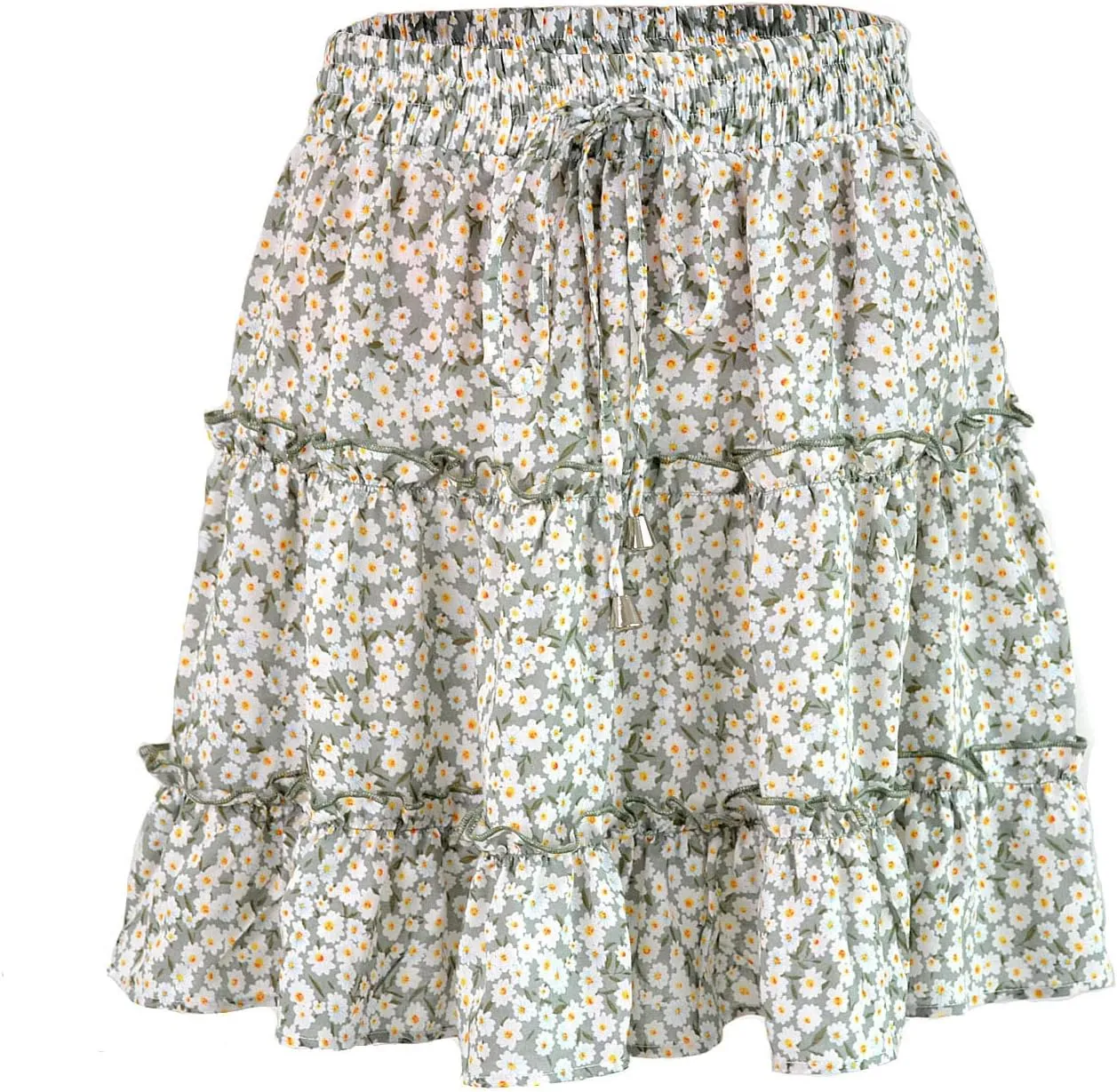 Women's Skirts for Summer 2025 Trendy Ruffle Hem Drawstring High Elastic Waist Boha Floral Print Pleated Beach Skirts