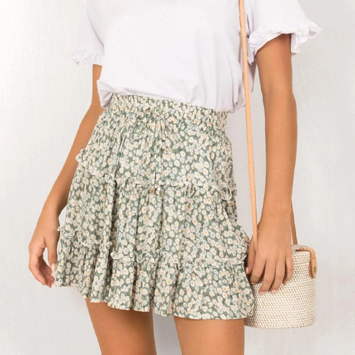 Women's Skirts for Summer 2025 Trendy Ruffle Hem Drawstring High Elastic Waist Boha Floral Print Pleated Beach Skirts