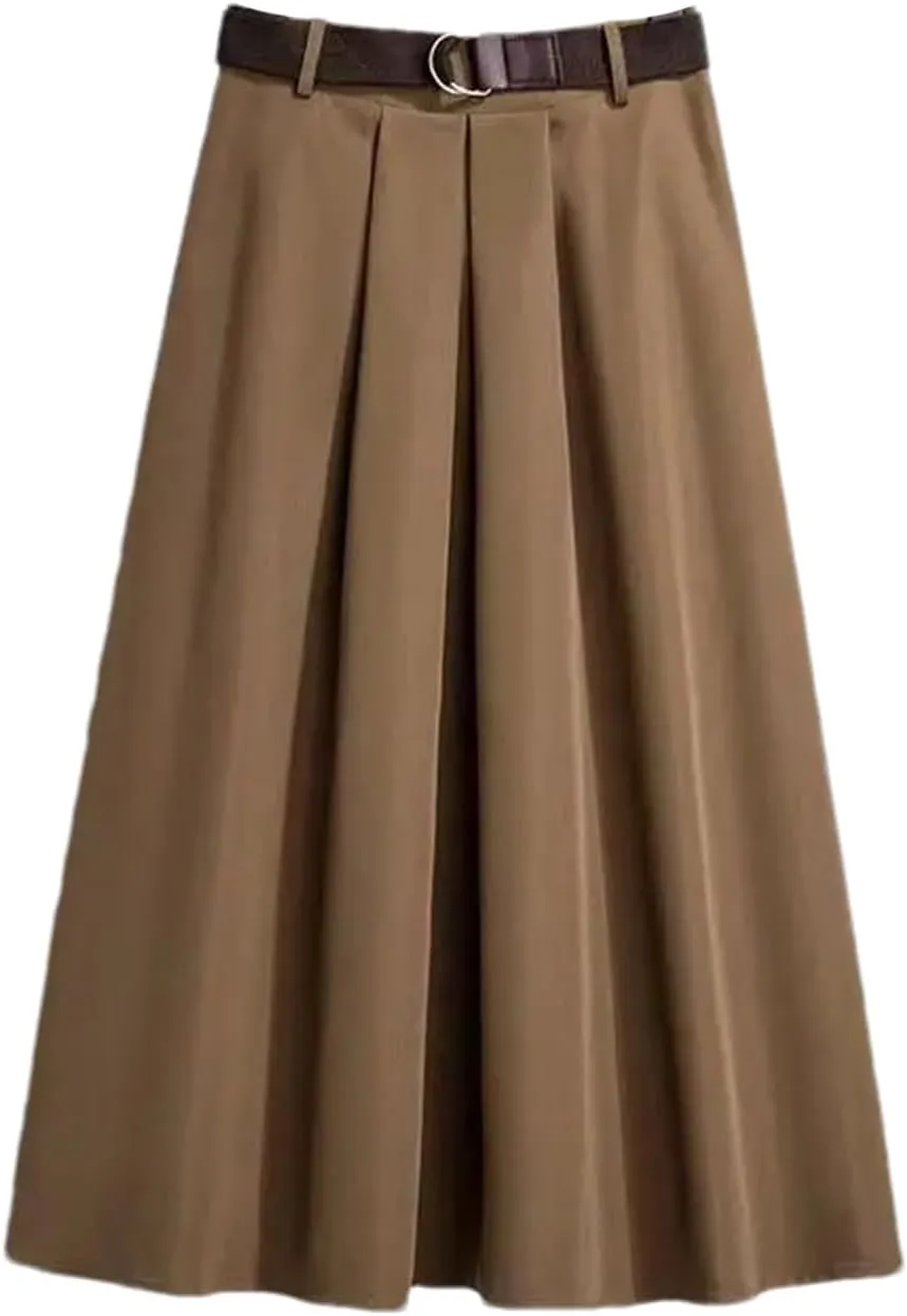 Women's Spring Solid Color A-Line Midi Skirt  High Waist Casual Versatile Skirt with Belt