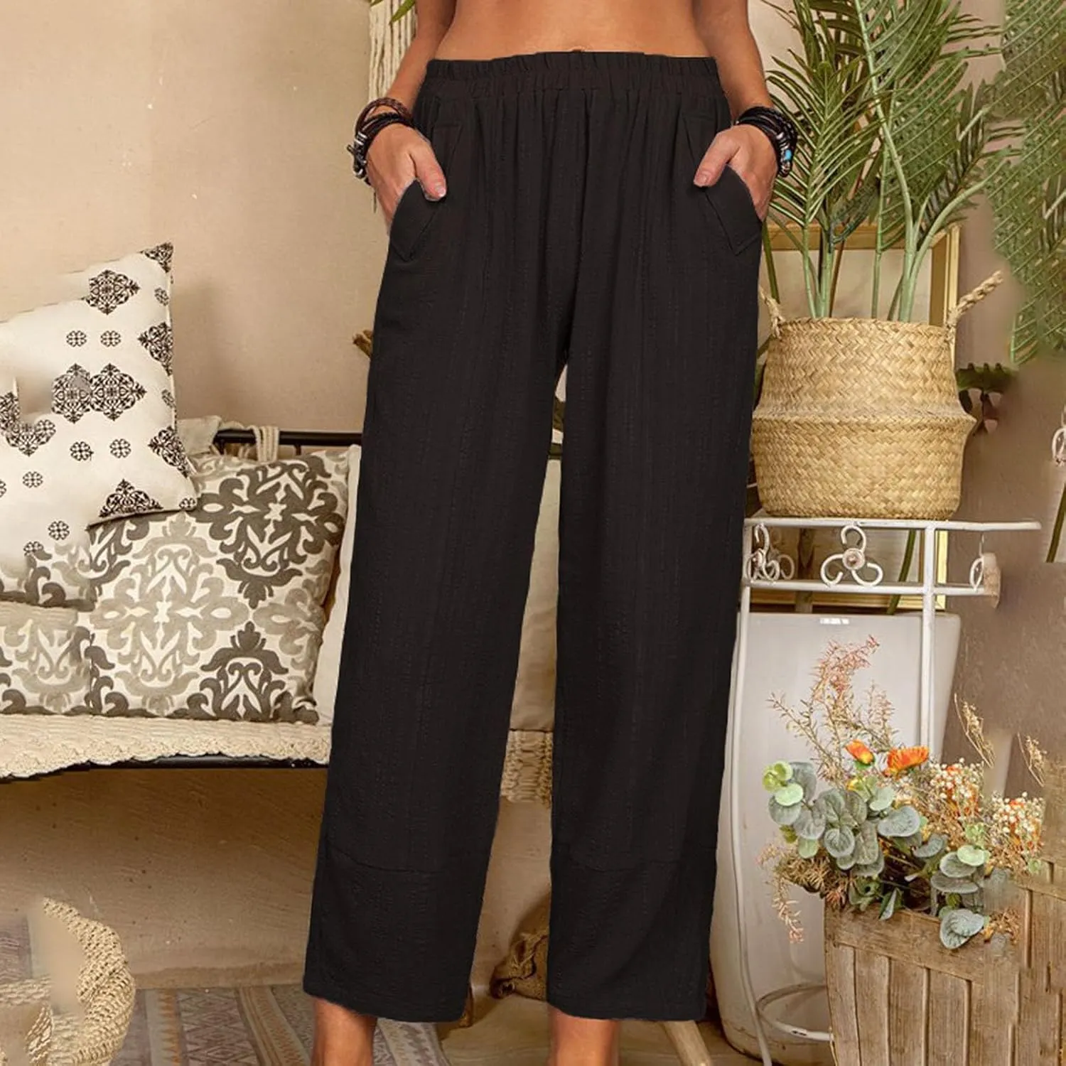 Women's Straight Leg Pants Women High Waist Palazzo Pants Casual Elastic Waisted Palazzo Harem with Pockets Women Flowy