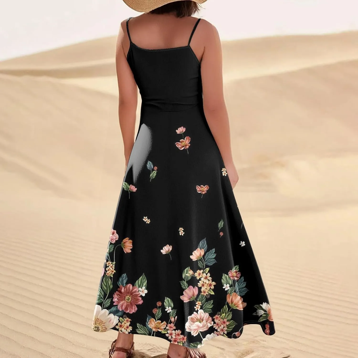 Women's Summer Cotton Linen Long Dress Sleeveless Elegant Flowy Dresses Plus Size Loose Comfy Dress with Pockets