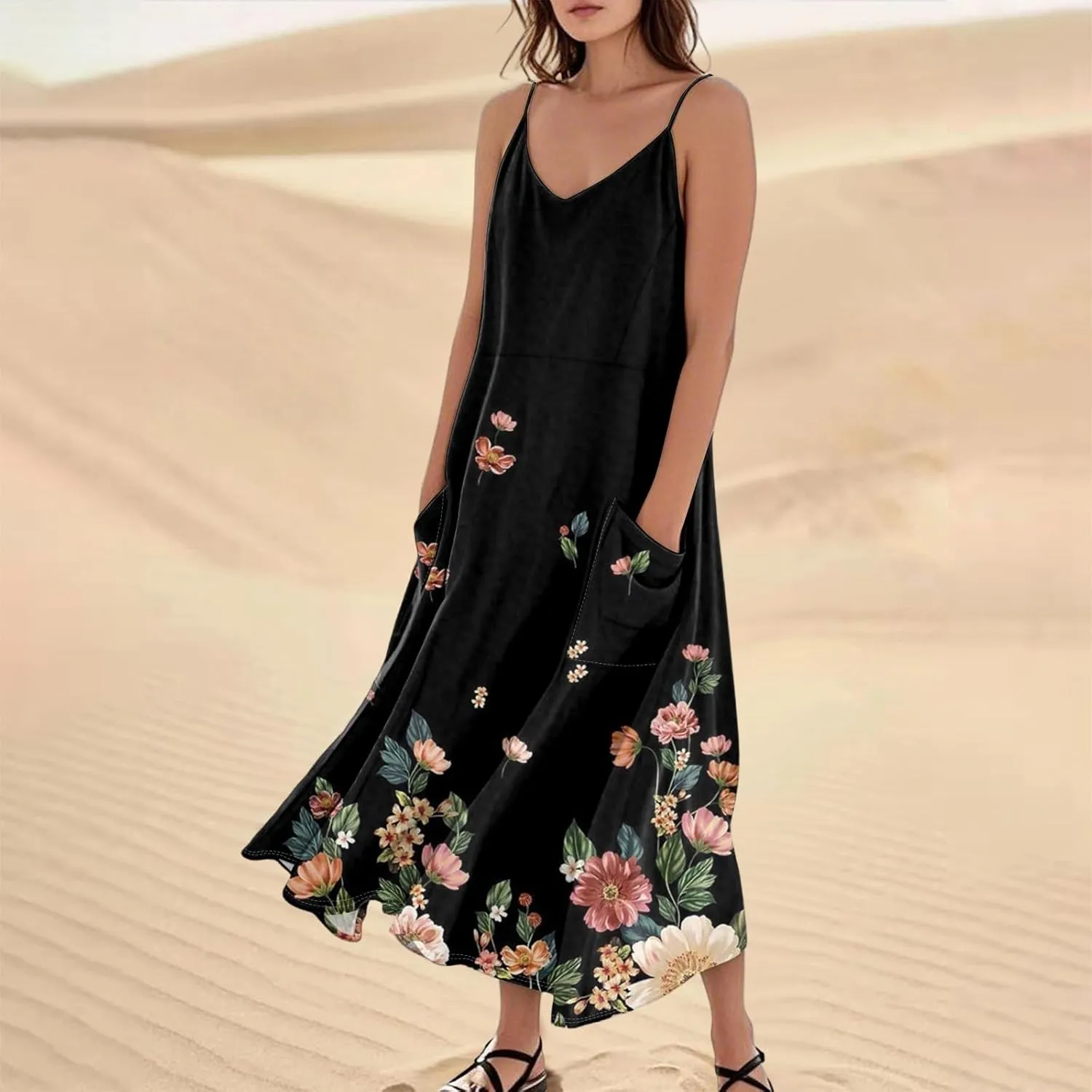Women's Summer Cotton Linen Long Dress Sleeveless Elegant Flowy Dresses Plus Size Loose Comfy Dress with Pockets