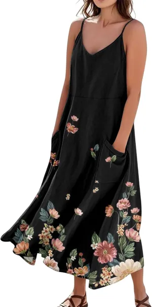 Women's Summer Cotton Linen Long Dress Sleeveless Elegant Flowy Dresses Plus Size Loose Comfy Dress with Pockets