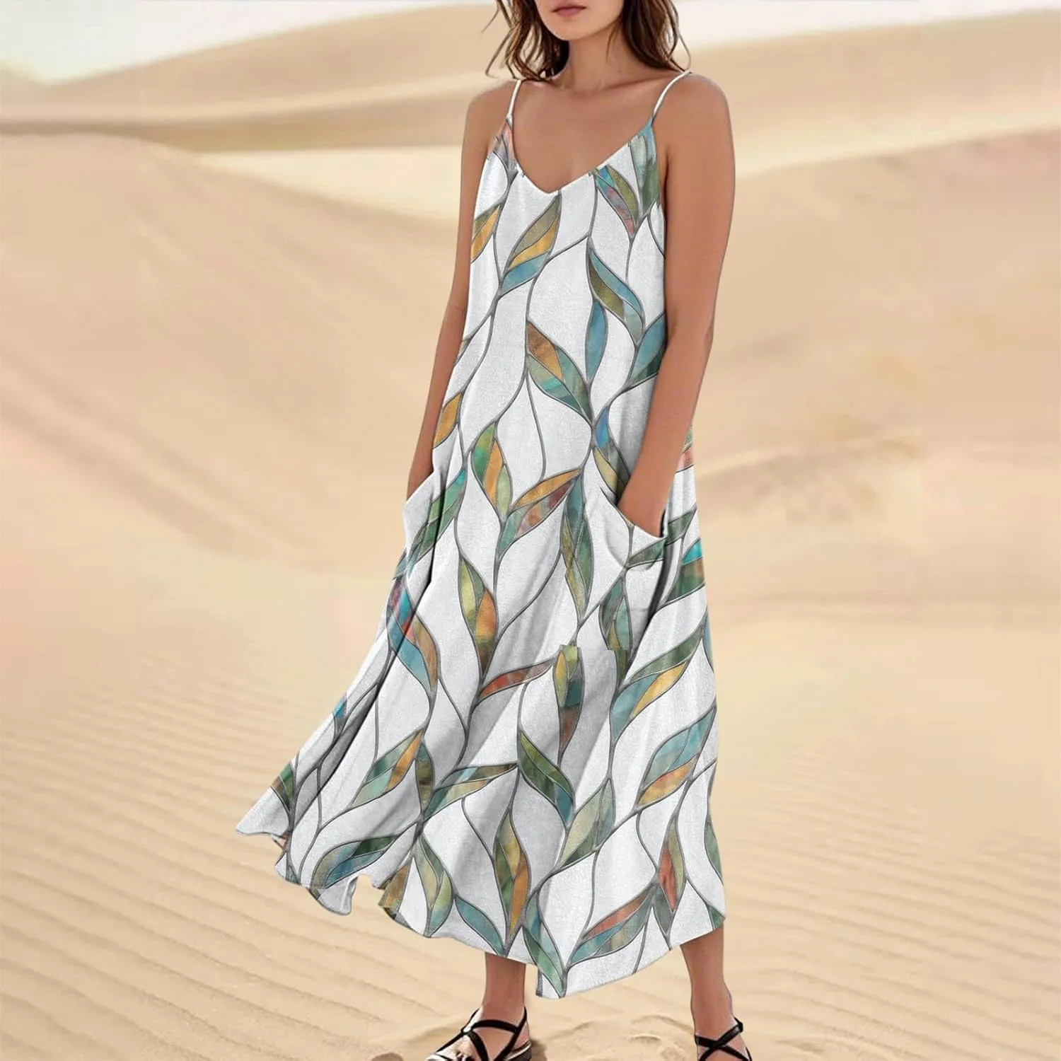 Women's Summer Cotton Linen Long Dress Sleeveless Elegant Flowy Dresses Plus Size Loose Comfy Dress with Pockets