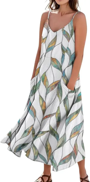 Women's Summer Cotton Linen Long Dress Sleeveless Elegant Flowy Dresses Plus Size Loose Comfy Dress with Pockets