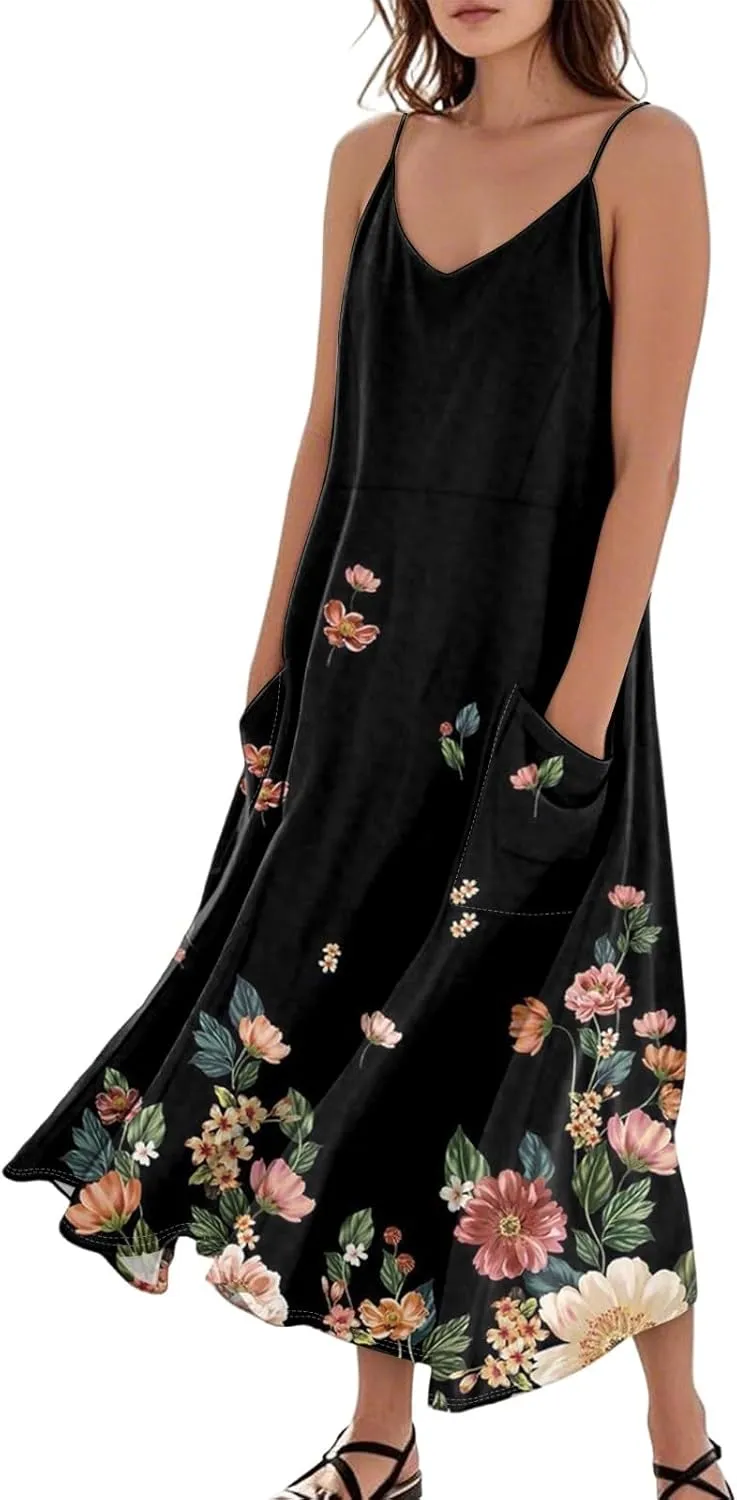 Women's Summer Cotton Linen Long Dress Sleeveless Elegant Flowy Dresses Plus Size Loose Comfy Dress with Pockets