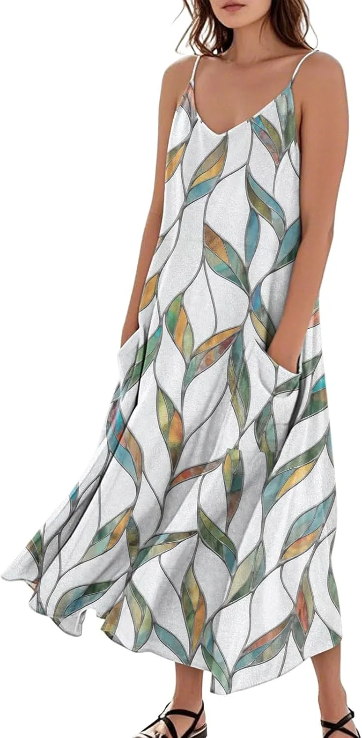 Women's Summer Cotton Linen Long Dress Sleeveless Elegant Flowy Dresses Plus Size Loose Comfy Dress with Pockets