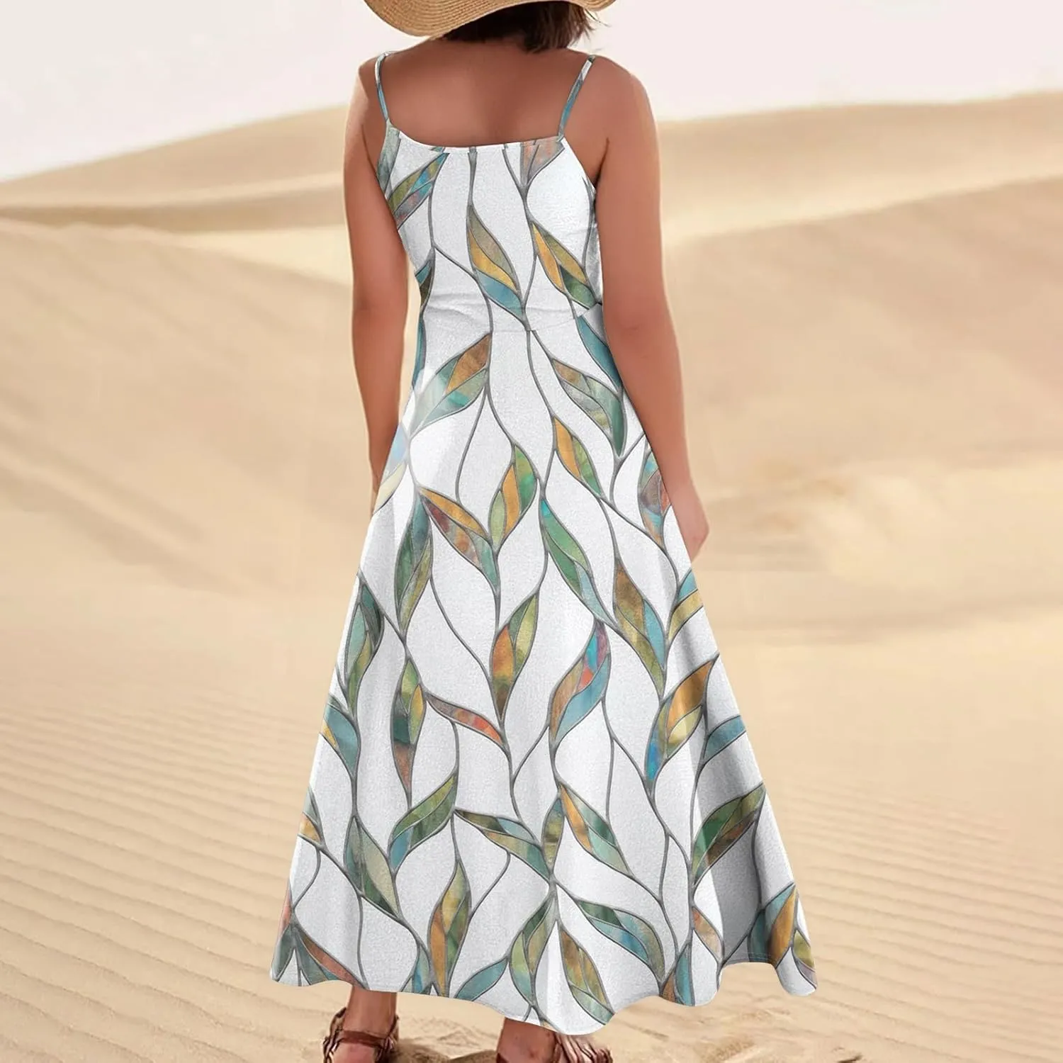 Women's Summer Cotton Linen Long Dress Sleeveless Elegant Flowy Dresses Plus Size Loose Comfy Dress with Pockets