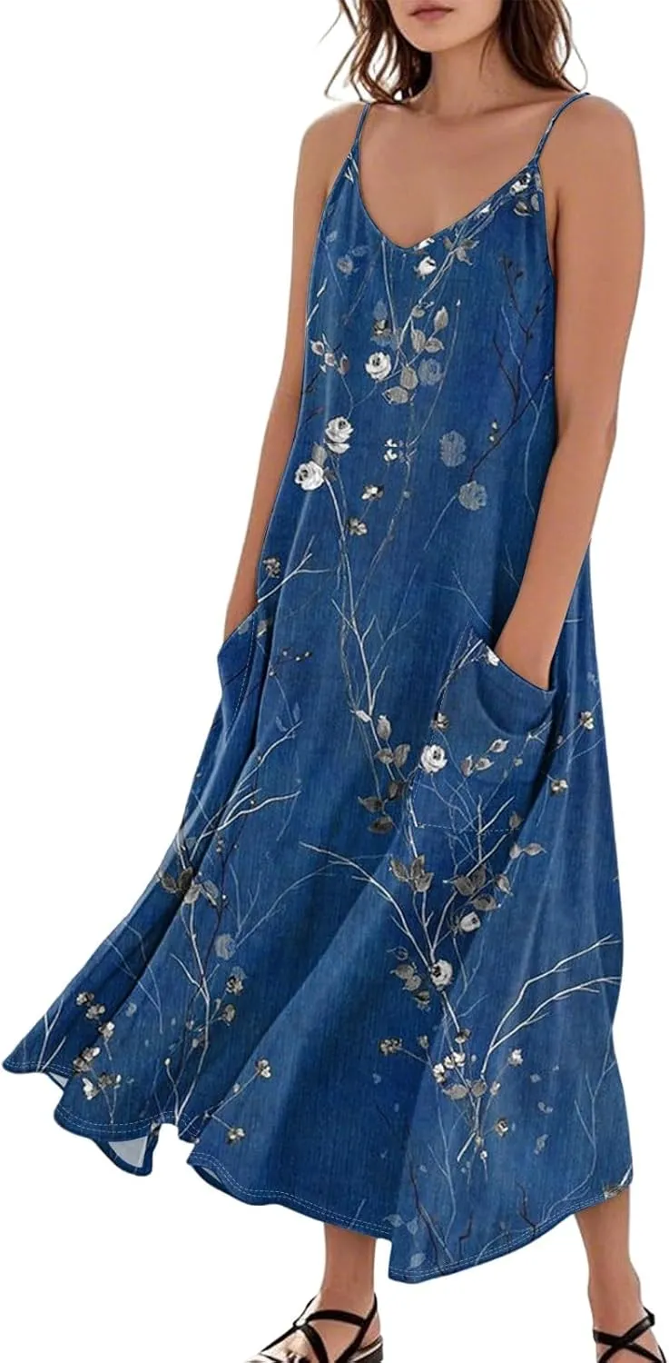 Women's Summer Cotton Linen Long Dress Sleeveless Elegant Flowy Dresses Plus Size Loose Comfy Dress with Pockets