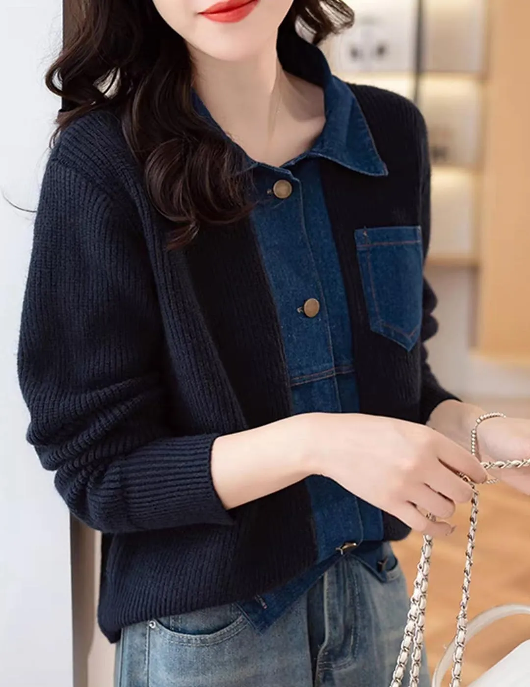 Womens Sweaters Patchwork Denim Sweater Cardigan Long Sleeve Chunky Knit Cardigans Fall Cardigan