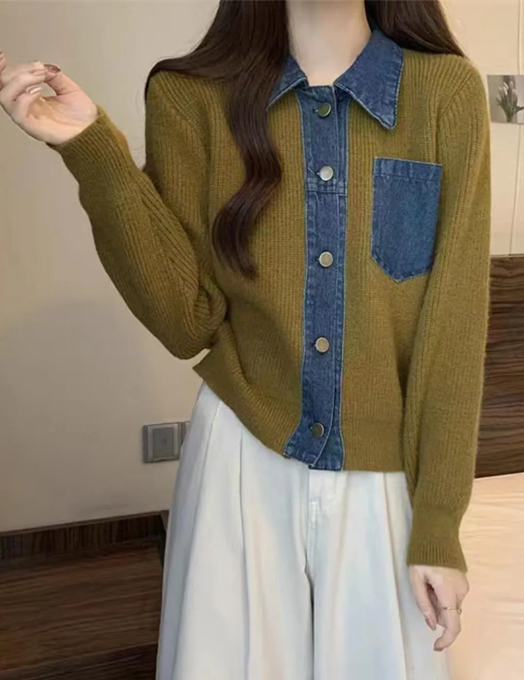 Womens Sweaters Patchwork Denim Sweater Cardigan Long Sleeve Chunky Knit Cardigans Fall Cardigan