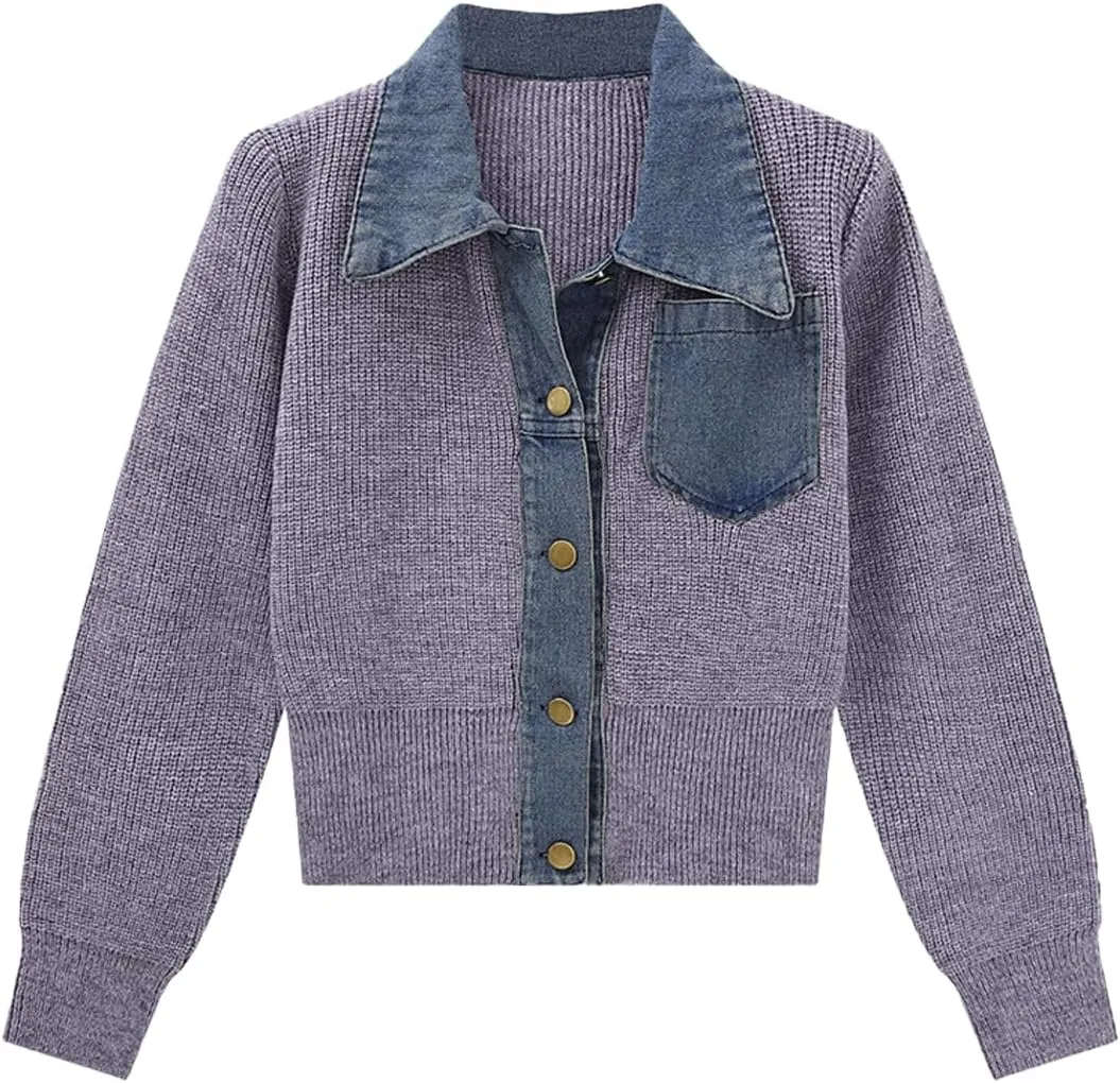 Womens Sweaters Patchwork Denim Sweater Cardigan Long Sleeve Chunky Knit Cardigans Fall Cardigan