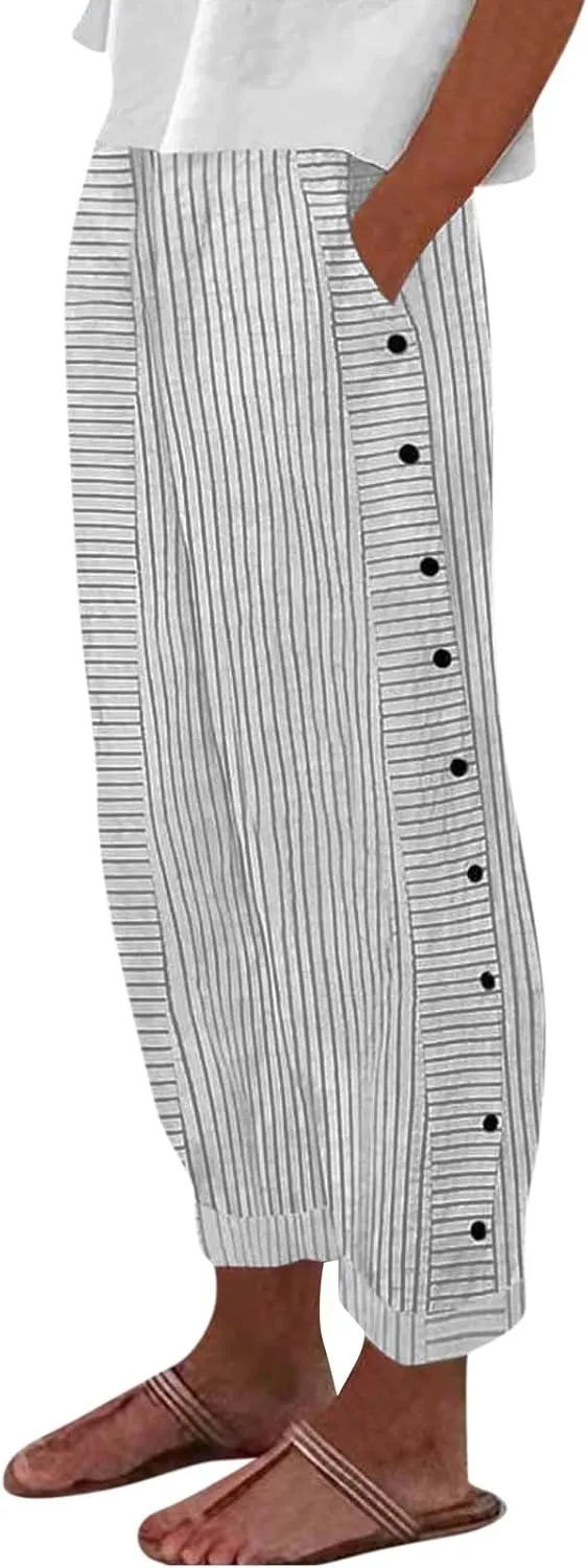 Womens Sweatpants, Peasant Pants Straight Leg Casual Linen Trendy Striped Side Loose