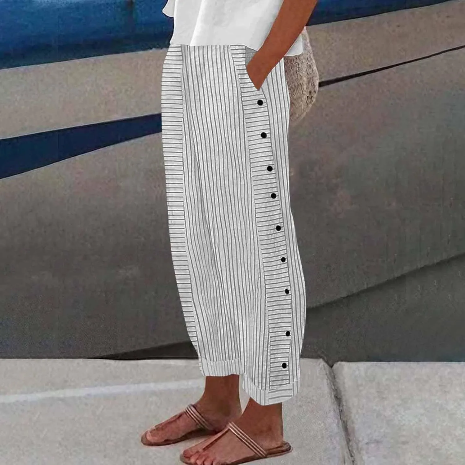 Womens Sweatpants, Peasant Pants Straight Leg Casual Linen Trendy Striped Side Loose