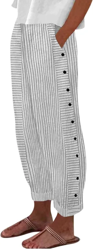 Womens Sweatpants, Peasant Pants Straight Leg Casual Linen Trendy Striped Side Loose