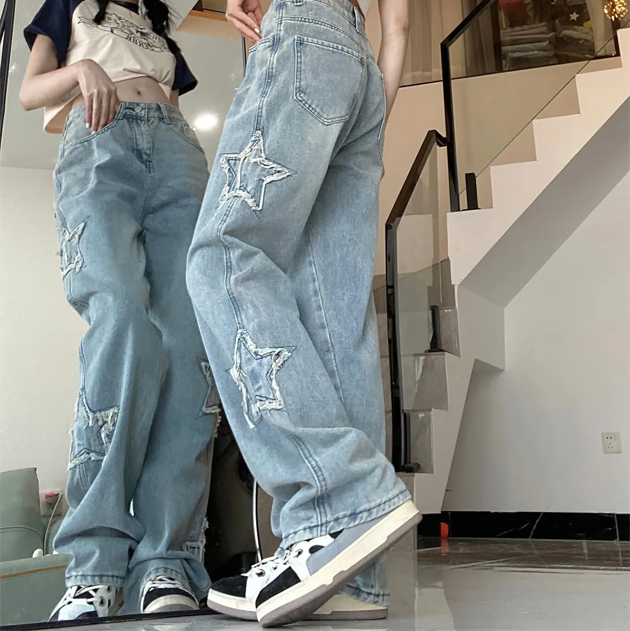 Womens Trendy High Waist Wide Leg Y2K Jeans Aesthetic Star Pants Teen Girls Boyfriend Loose Fit Star Embroidery Jeans