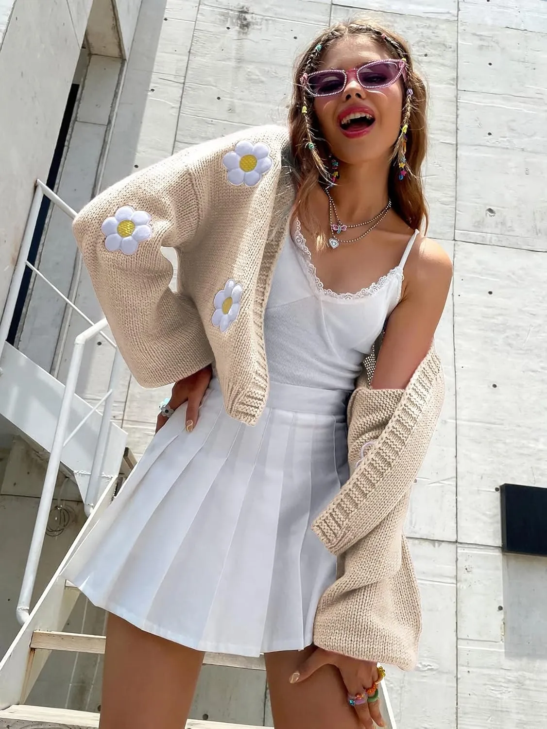 Womens Y2K Cardigan Sweaters Long Sleeve Open Front Cropped Flower Knit Cardigan Aesthetic 90s Shrug Back to College Outfits