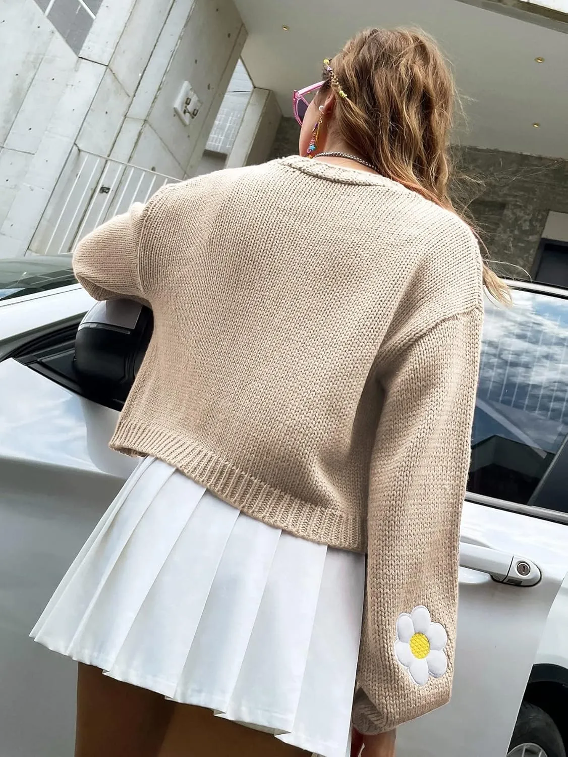 Womens Y2K Cardigan Sweaters Long Sleeve Open Front Cropped Flower Knit Cardigan Aesthetic 90s Shrug Back to College Outfits