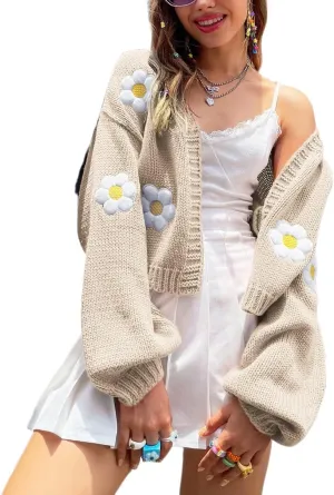 Womens Y2K Cardigan Sweaters Long Sleeve Open Front Cropped Flower Knit Cardigan Aesthetic 90s Shrug Back to College Outfits