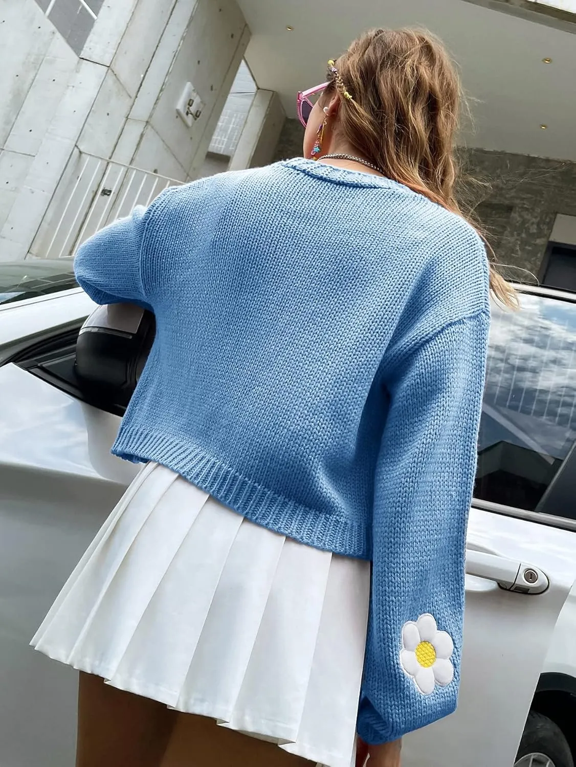 Womens Y2K Cardigan Sweaters Long Sleeve Open Front Cropped Flower Knit Cardigan Aesthetic 90s Shrug Back to College Outfits