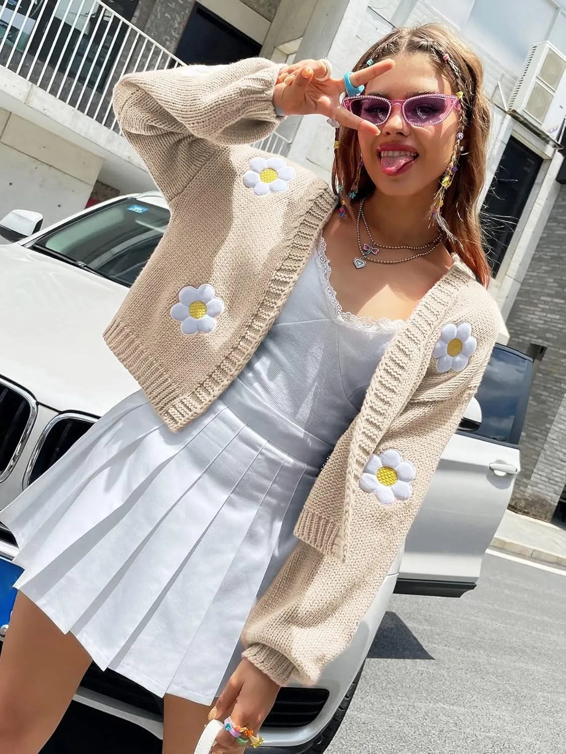 Womens Y2K Cardigan Sweaters Long Sleeve Open Front Cropped Flower Knit Cardigan Aesthetic 90s Shrug Back to College Outfits