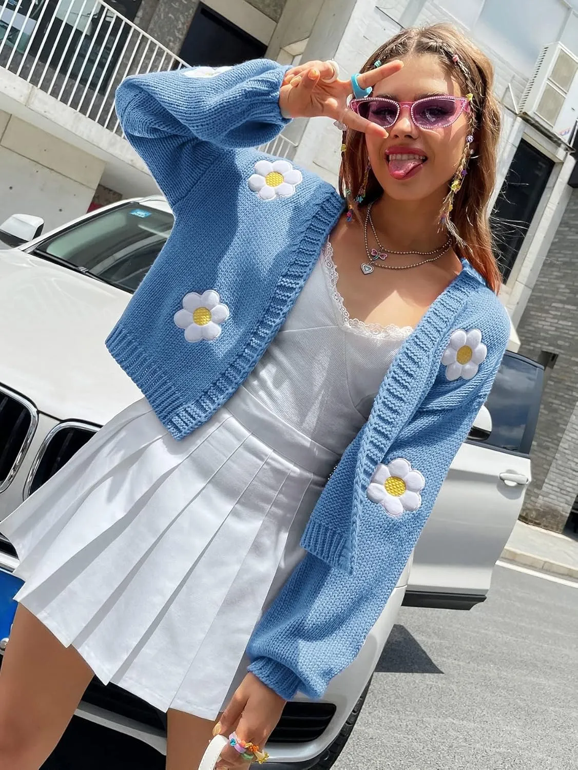 Womens Y2K Cardigan Sweaters Long Sleeve Open Front Cropped Flower Knit Cardigan Aesthetic 90s Shrug Back to College Outfits
