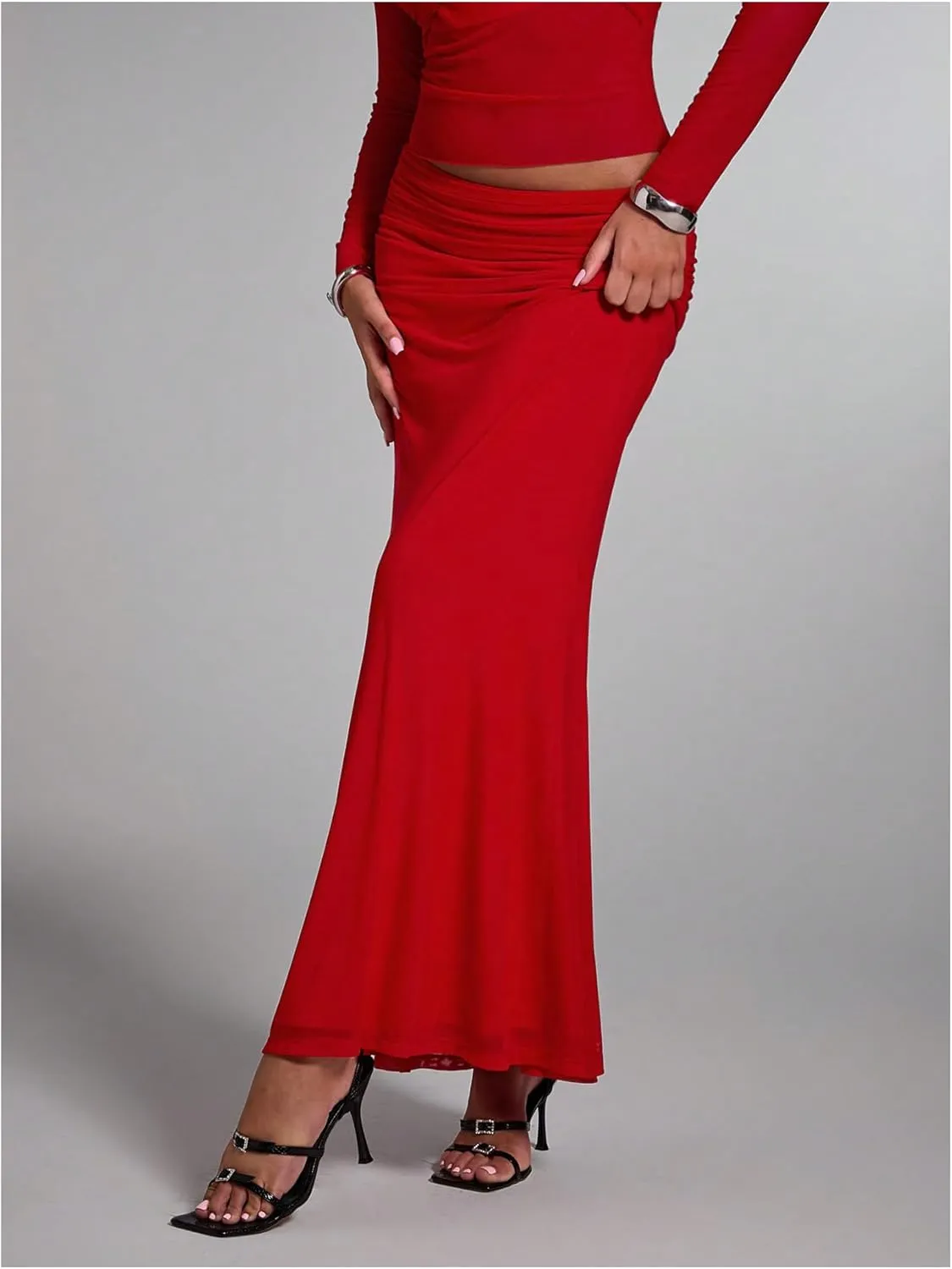 Women's Y2K Ruched Skirt Bodycon Maxi Skirt Mesh Fishtail Skirt Elegant High Waisted Long Skirt Going Out Skirts