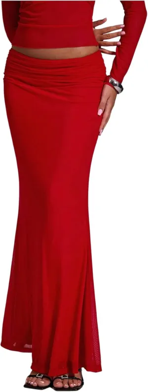 Women's Y2K Ruched Skirt Bodycon Maxi Skirt Mesh Fishtail Skirt Elegant High Waisted Long Skirt Going Out Skirts