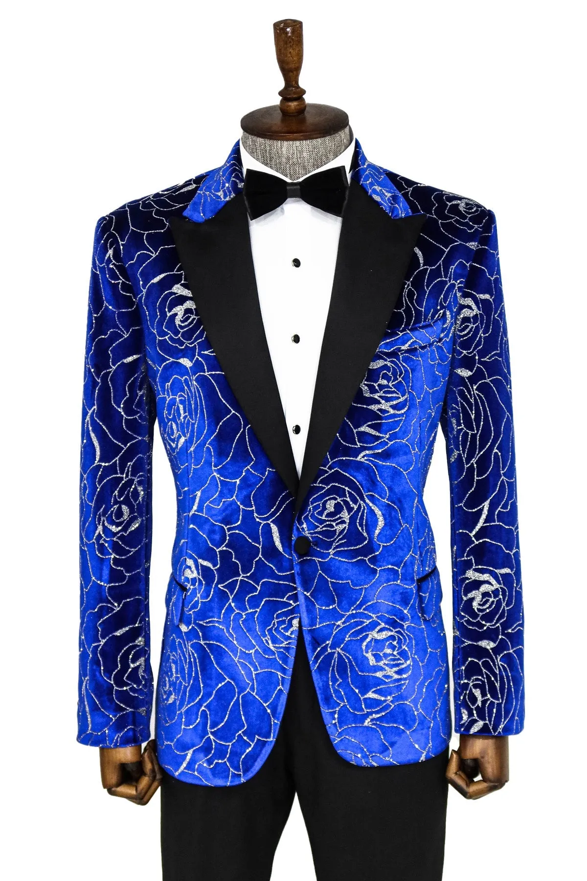 WSS Silver Rose Patterned Over Blue Men Prom Blazer  - Singen