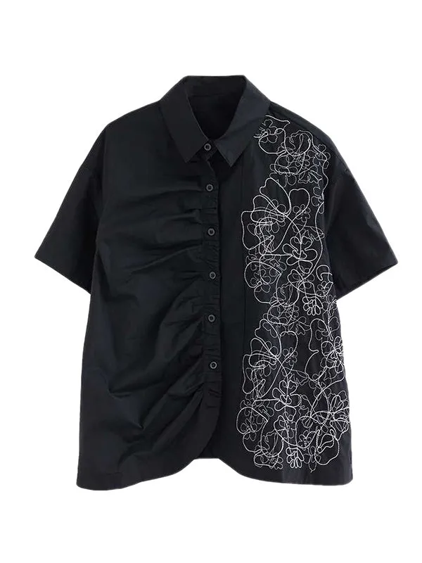 xakxx Irregularity Loose Buttoned Embroidered Pleated Lapel Collar Blouses&Shirts Tops